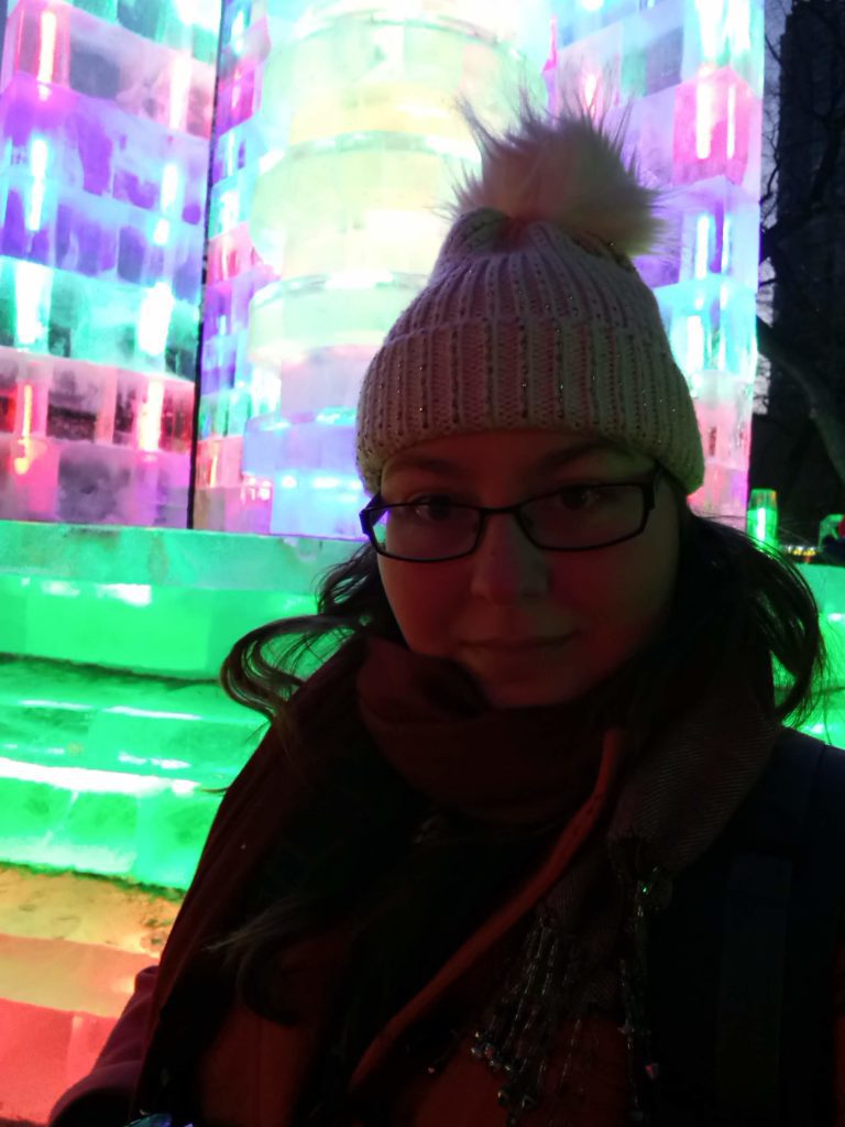 A selfie in front of an ice sculpture in Zhaolin Park