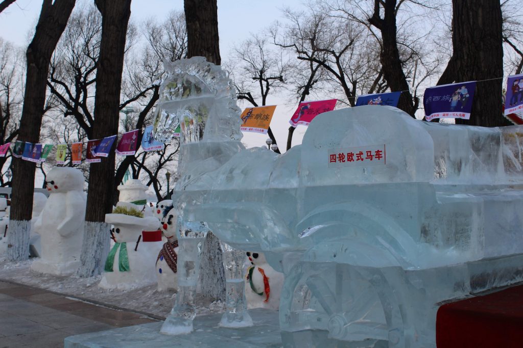 An ice sculpture of a horse