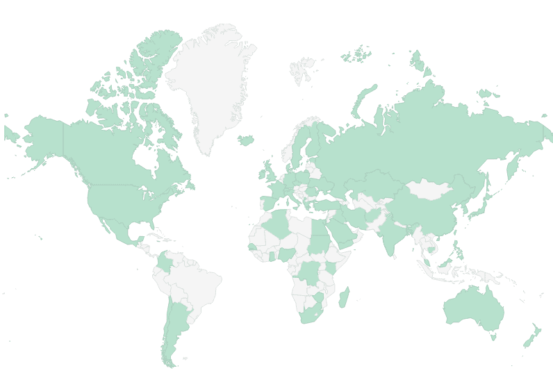 A map with countries highlighted in green that I've read as part of my Read Around the World challenge