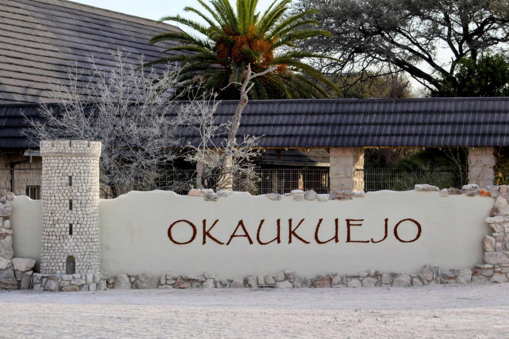 Photo of the sign for Okaukuejo camp where I spent two nights at Etosha