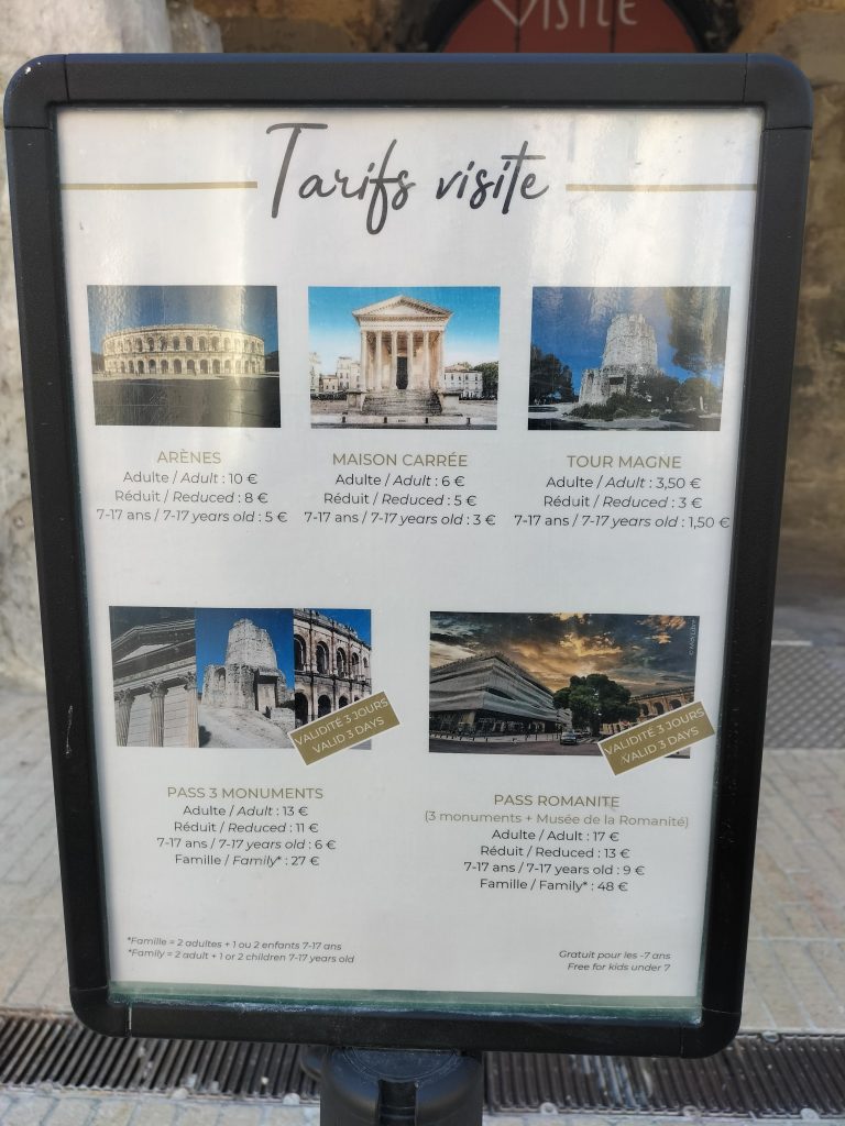 sign showing prices of the roman sites in Nimes