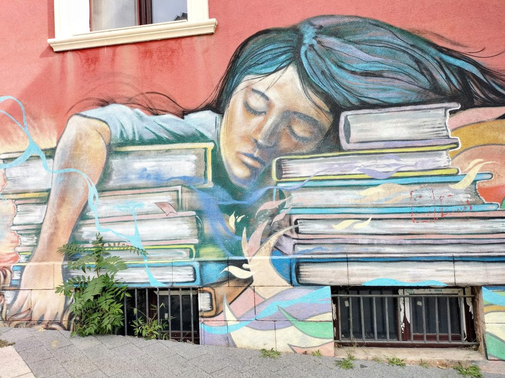 Mural in Plovdiv showing a girl sleeping holding lots of books.