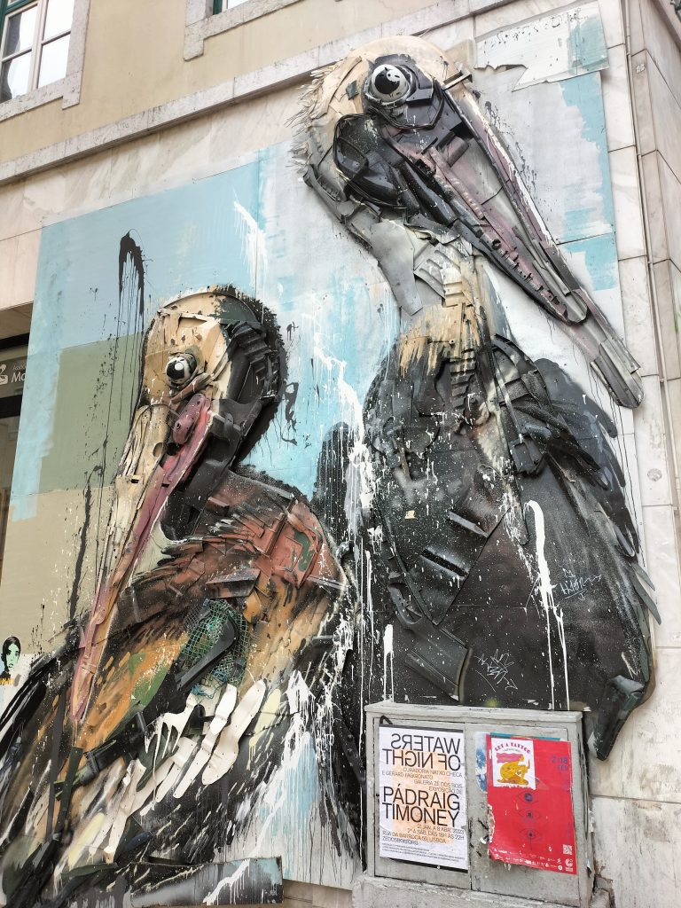 Photo of street art of two birds made by the artist Bordelo II. The pieces look 3D as he has used various bits of trash to make them.
