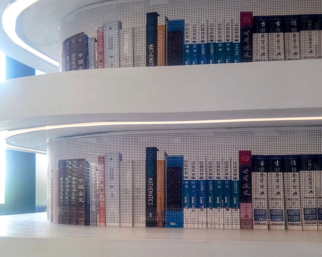 Photo of a shelf in Binhai Library. The wall is metal with printed images of Chinese books on it.