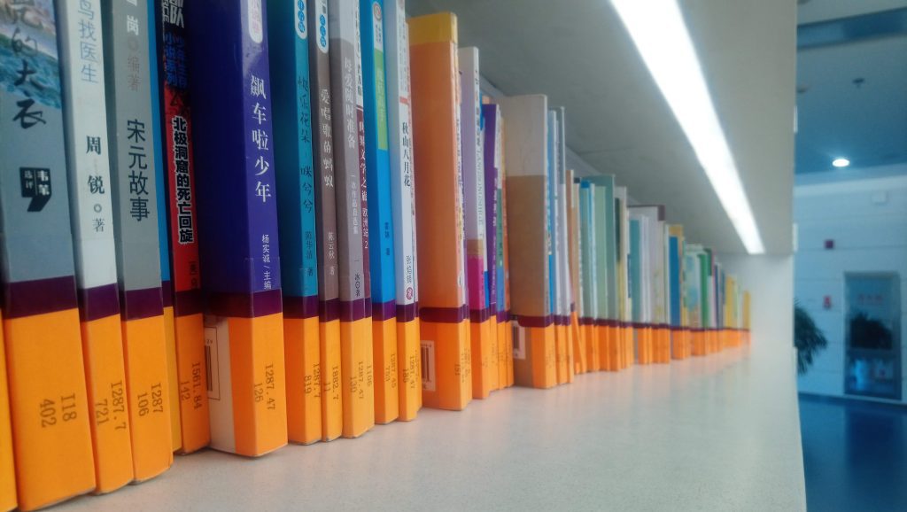 Photo of a row of books in Chinese. They all have an orange band around the base of the spine with two sets of numbers. 