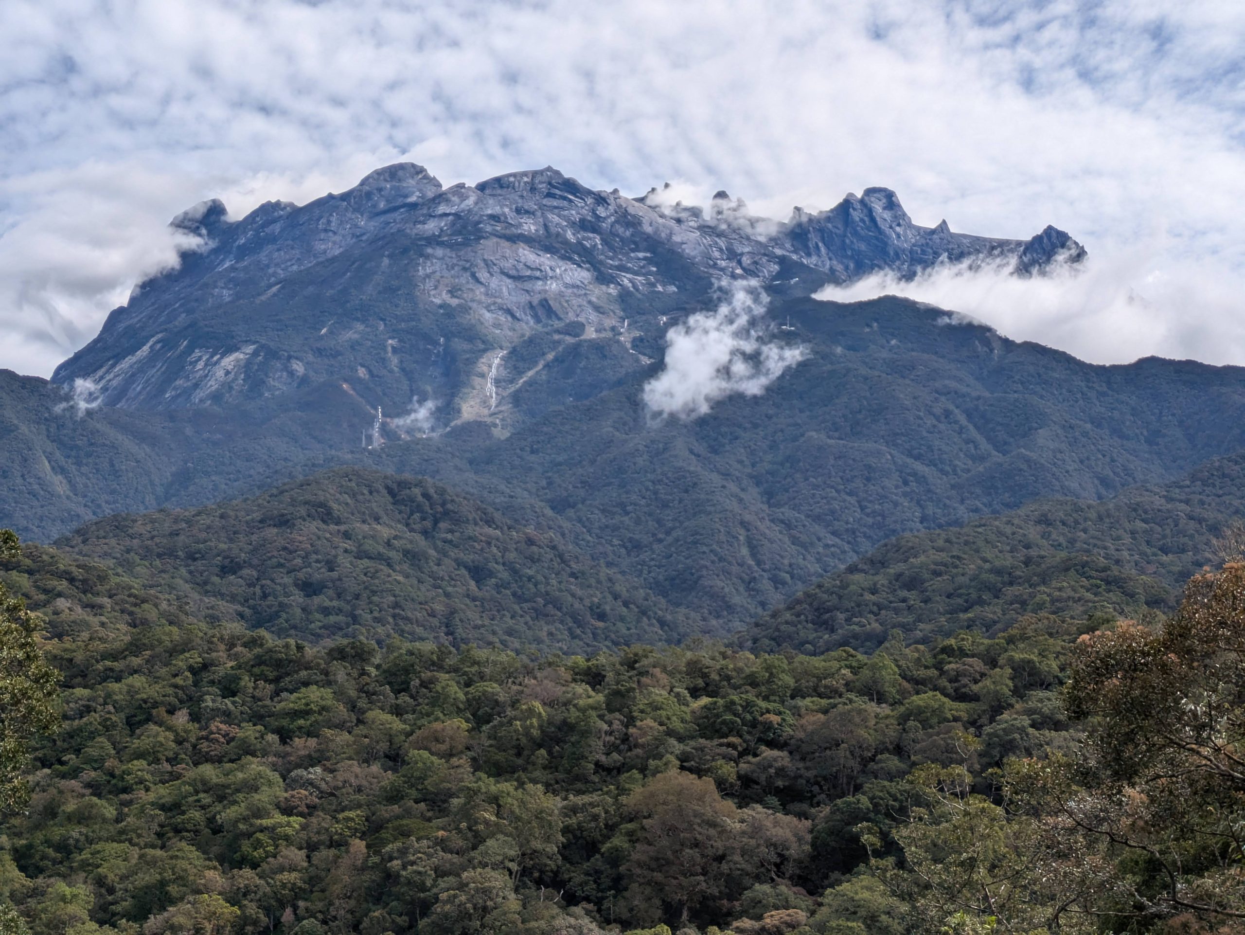 Photo of Mount Kinabalu, with clouds at the top. There are lots of trees in the foreground of the image.