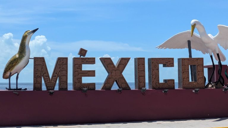 Photo of a sign saying Mexico. On either side of the sign are birds.